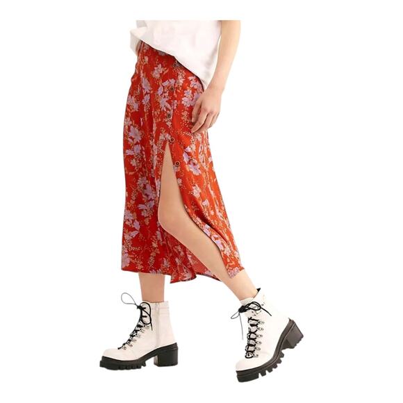 FREE PEOPLE Women's 4 Retro Love Midi Skirt Rust Floral Buttons Slit Waist 26" - Picture 1 of 8